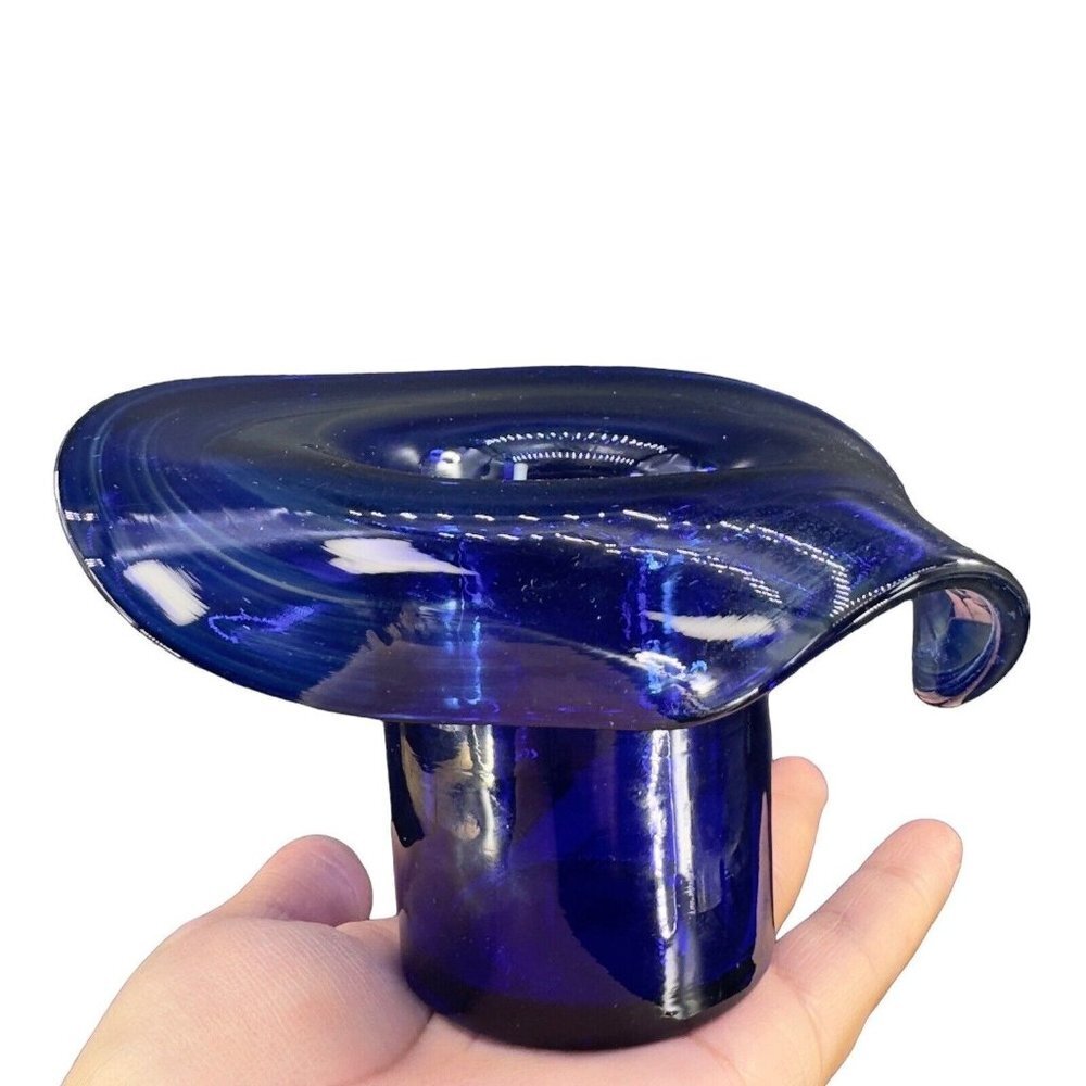 1980s Art Glass Hat Shaped Dish Bowl Clear Cobalt Blue Swirls Folded Edges VTG